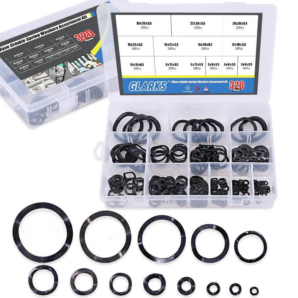 320Pcs Carbon Steel Compression Type Wavy Wave Crinkle Spring Washers Assortment