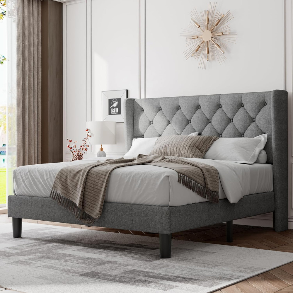 Stylish Full Size Bed Frame with Upholstered Wingback Headboard - Light Gray