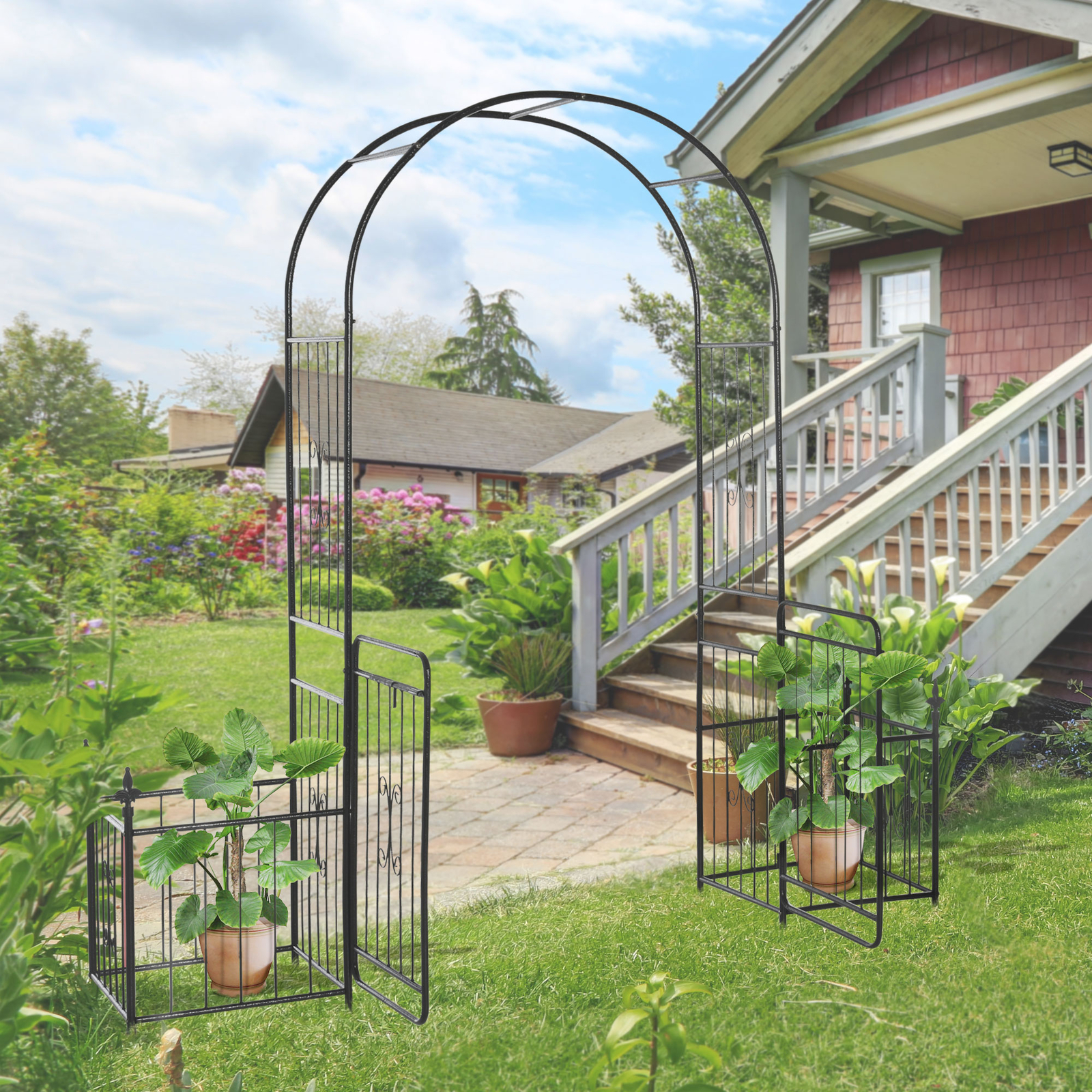 Outdoor Decorative Steel Backyard Gate & Trellis w/ Two Door Design & Scrollwork