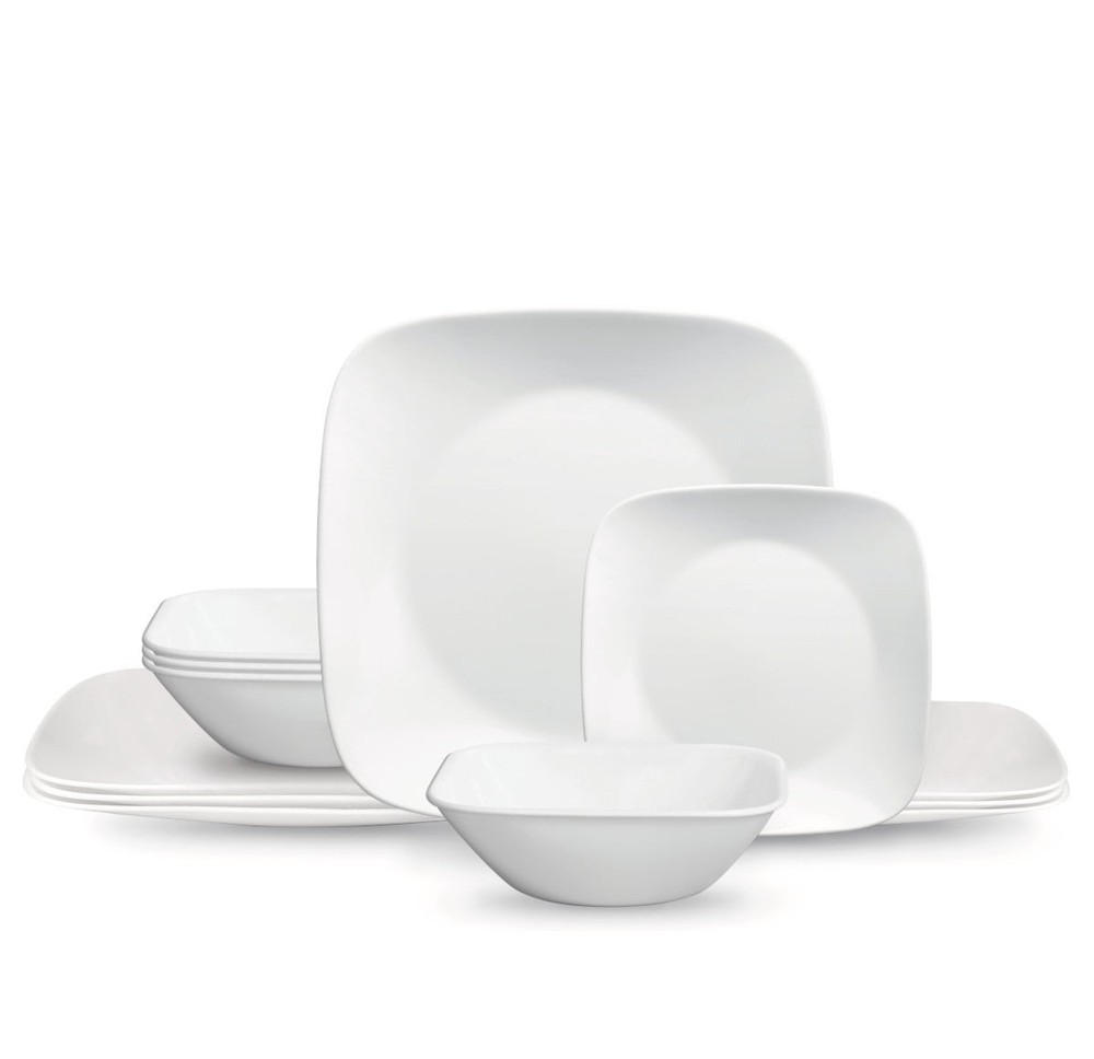 12 Piece Glass Dinnerware Set Pure White Square W/ Stackable & Chip Resistant