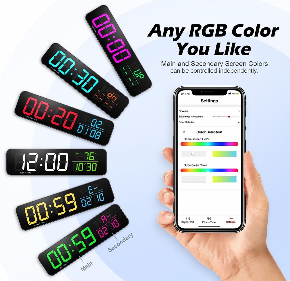 15.2" Gym Timer, App & Remote Control, Customizable LED Colors, Temperature, ...