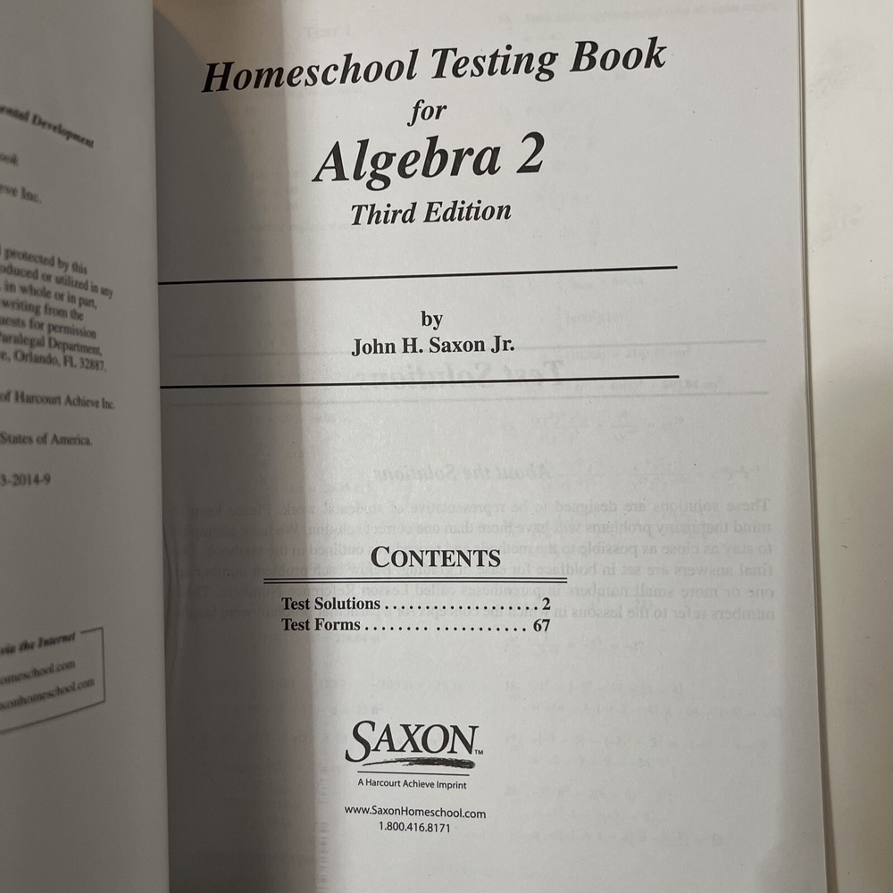 saxon algebra 2 (3rd edition) Answer Key & Test forms (BRAND NEW) (NO textbook)