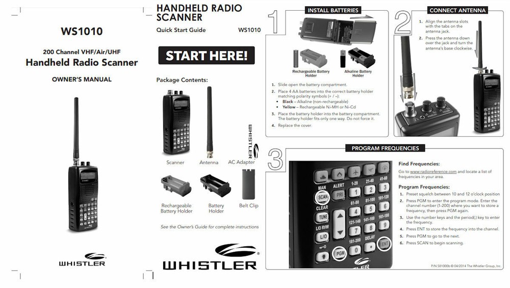 WHISTLER WS-1010 SCANNER OPERATING MANUAL + QUICK START GUIDE