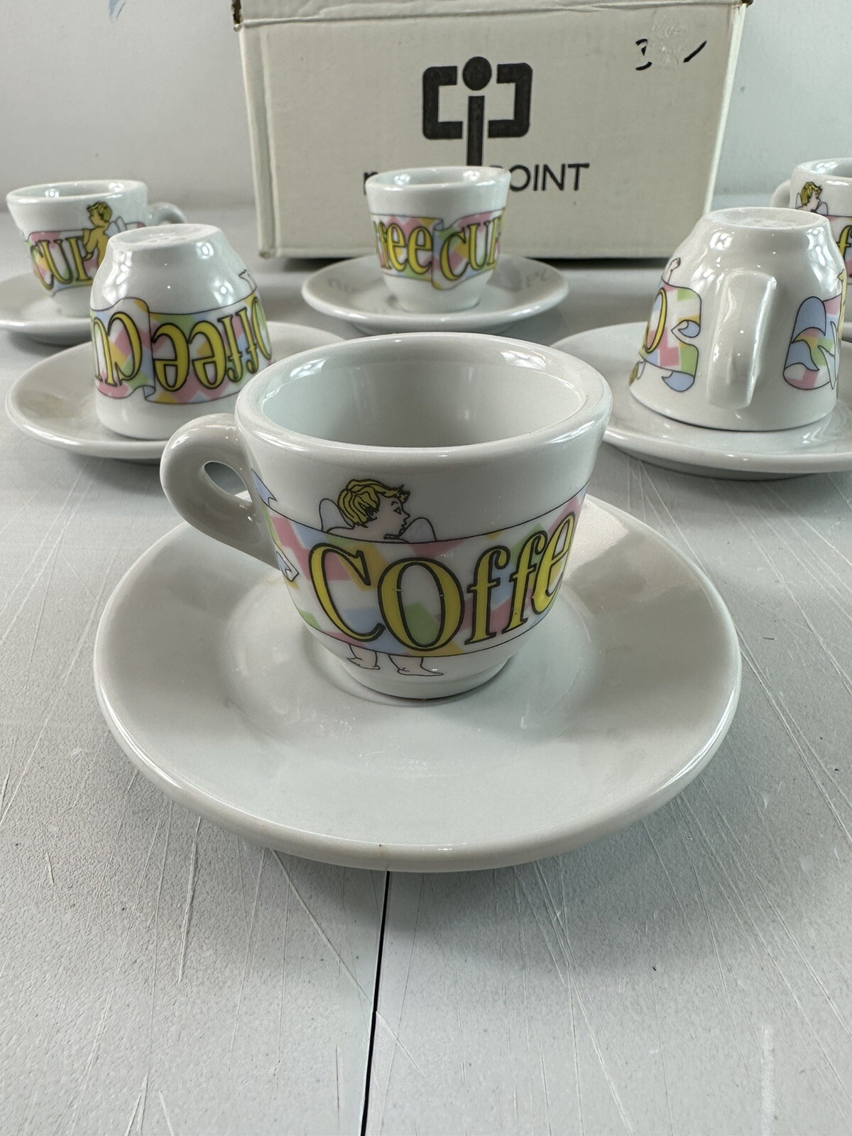New! NUOVA POINT Espresso Set of 6 Cherub Angels Cups & Saucers Made In Italy