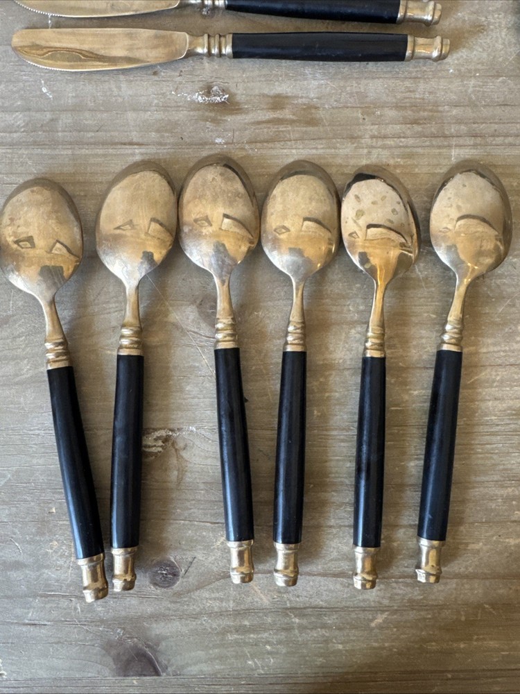 Vintage Brass & Black Bakelite Set Flatware Silverware 32 Piece Set