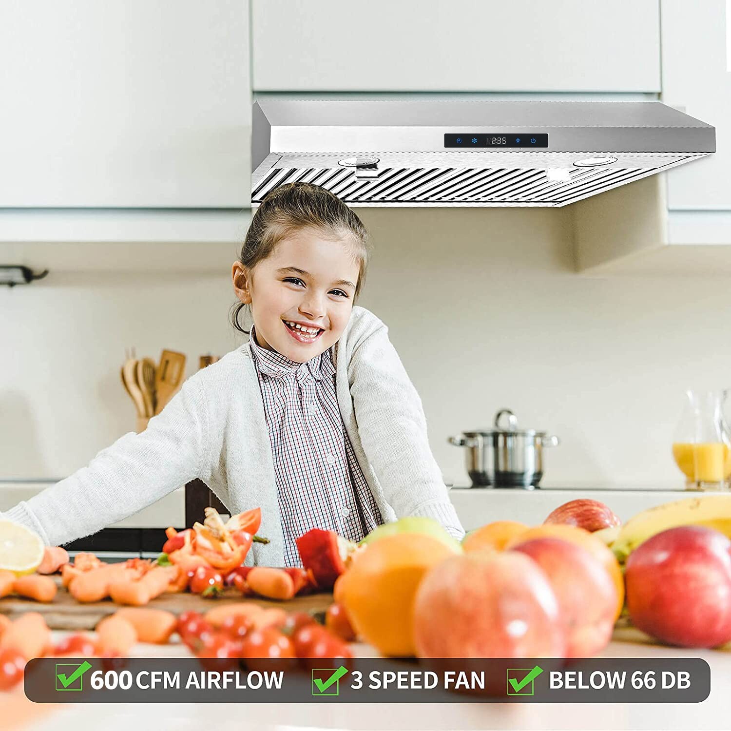 30 inch Kitchen Under Cabinet Range Hood 600CFM Stainless Steel 3-Speed Touch