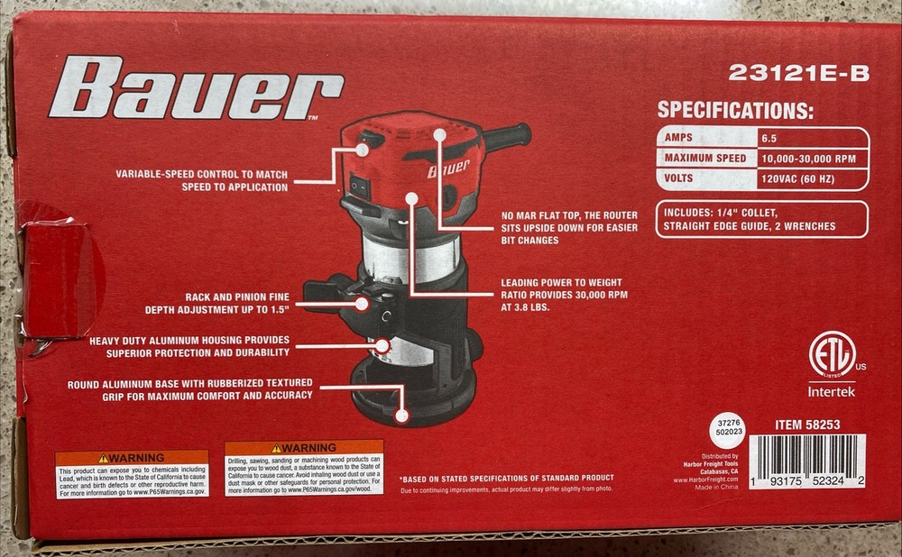 NEW BAUER VARIABLE SPEED ROUTER 6.5A 23121E- B 58253