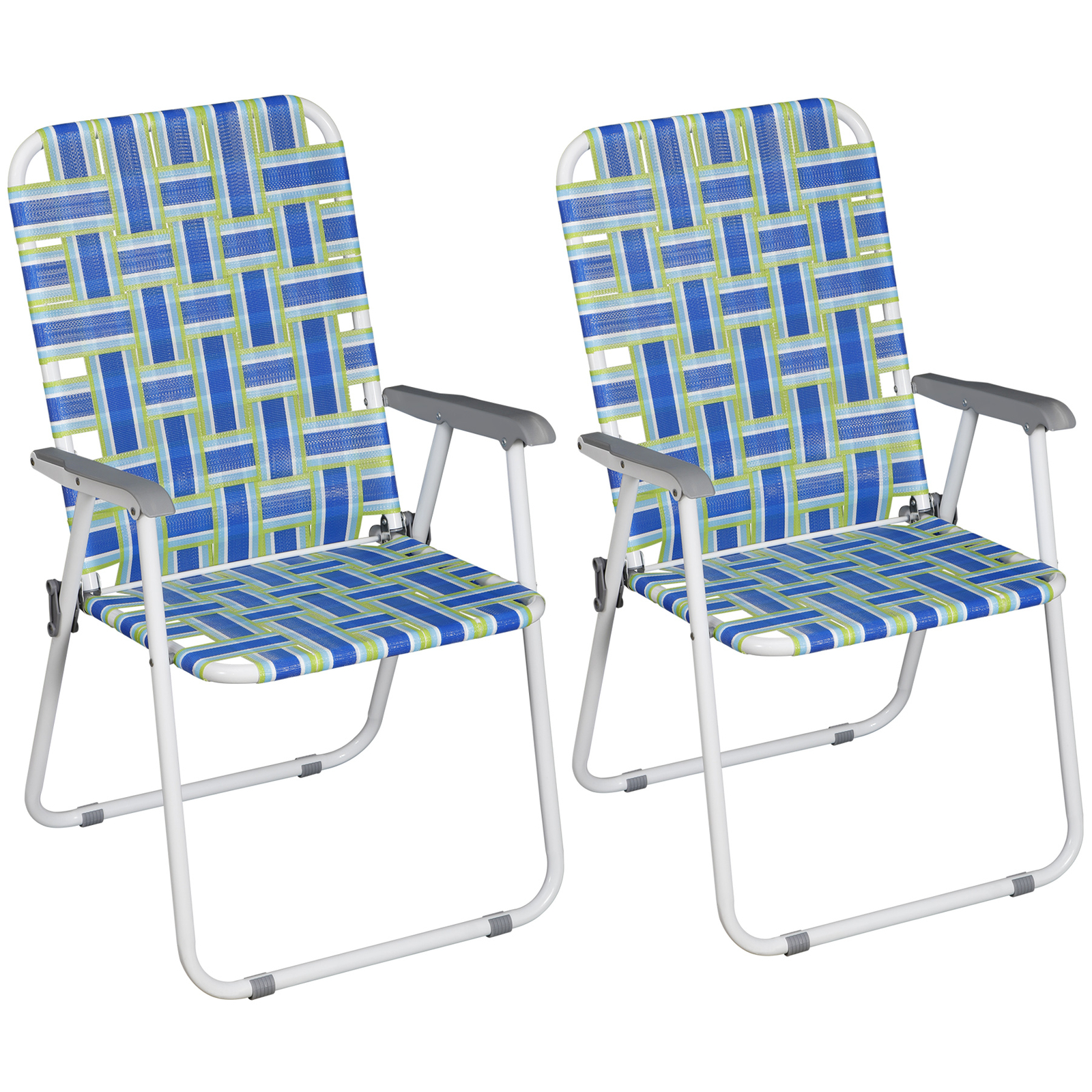 Metal Frame Blue Beach Chairs Set of 2 Webbed Folding Patio Lawn Camping Chairs