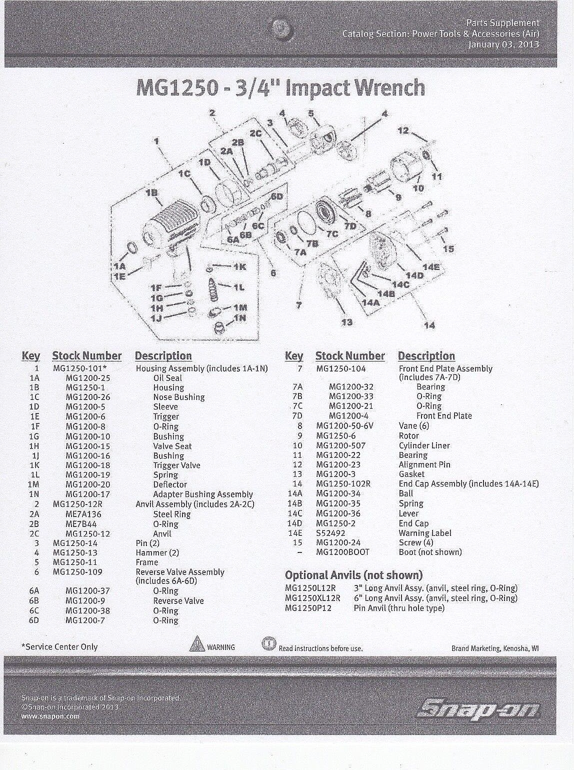 SNAP ON MG1200 OR MG1250 TUNE UP KIT WITH BEARINGS FOR 3/4" DRIVE MODELS