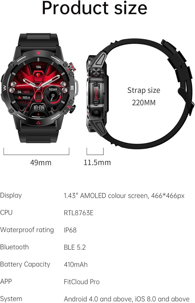 Smart Watch Bluetooth Call 1.43" AMOLED NFC IP68 HR SpO2 Sleep iOS Android