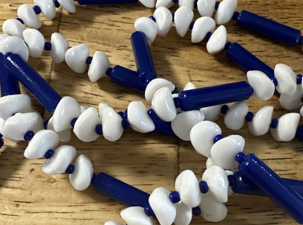 Vintage Blue & White Plastic Beaded Necklace Continuous Strand 48”
