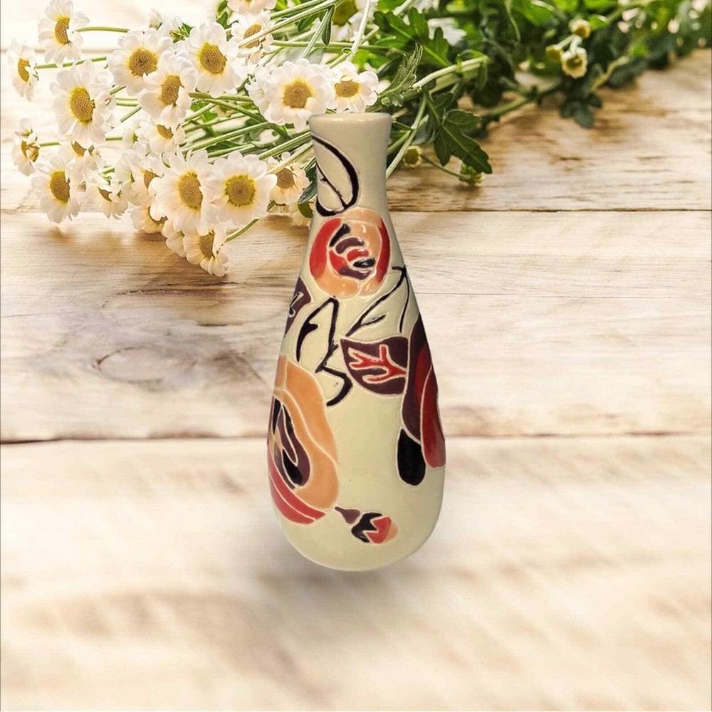 Ceramic Engraved Full abstract Rose Leaf Bud Pattern-Stained Enamel 11” Vase