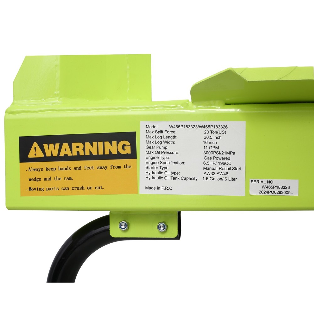 Log Splitter Portable 20 Ton Auto Return Ram System 7HP Engine, Green