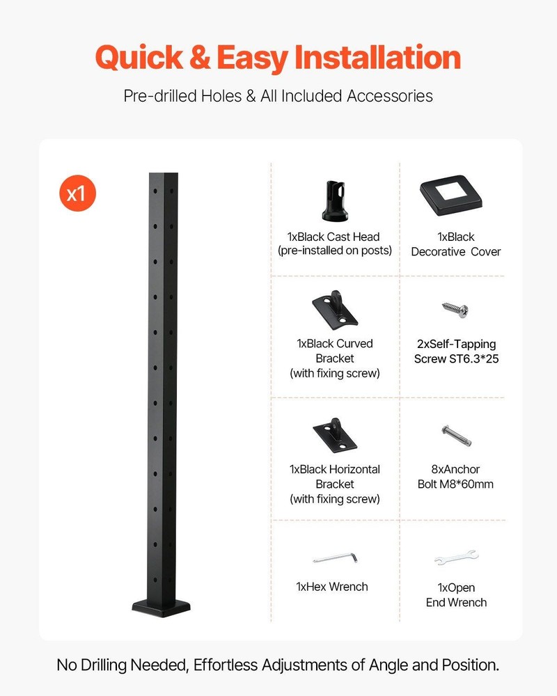 Black 42in L-Shape Corner Railing Post SUS304 for Horizontal Cable Rails
