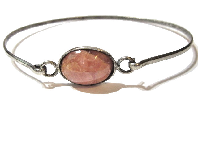 Squeeze Hinged Bracelet Vintage w Orange Shell or Gemstone Cabochon