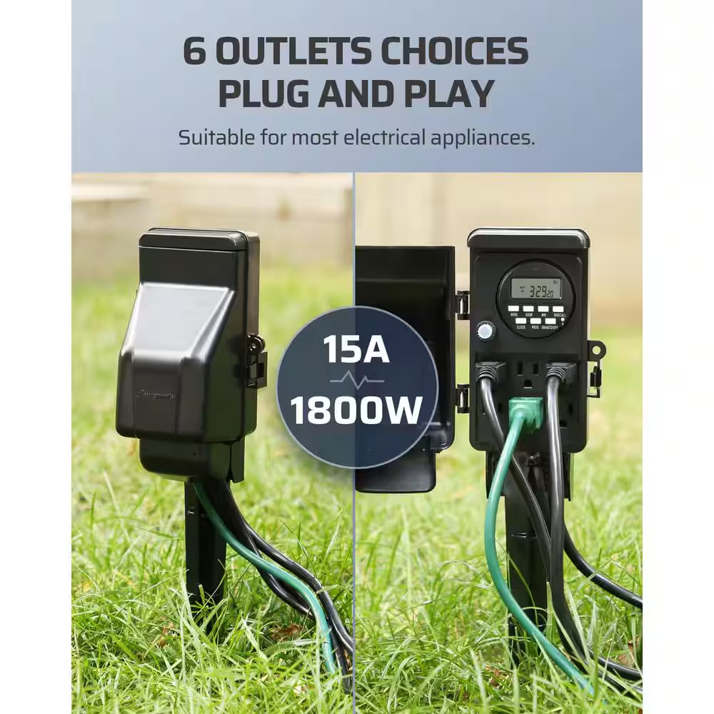 15A 1440 Min. Waterproof Outdoor Digital Stake Power Strip Multi Socket Timer wi