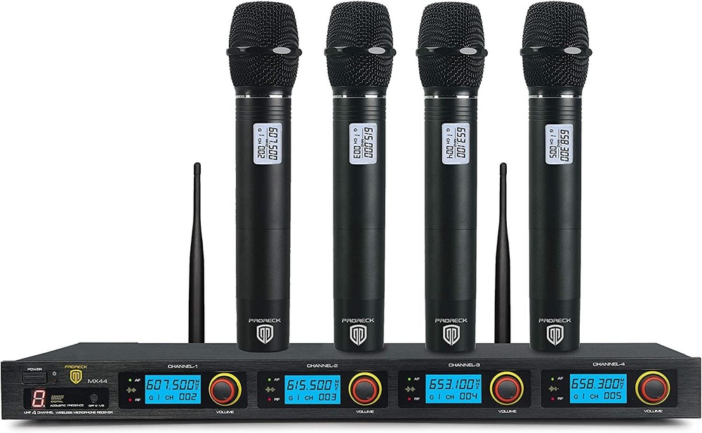 PRORECK MX44 4-Channel UHF Wireless Microphone System with 4 Hand-held Mics
