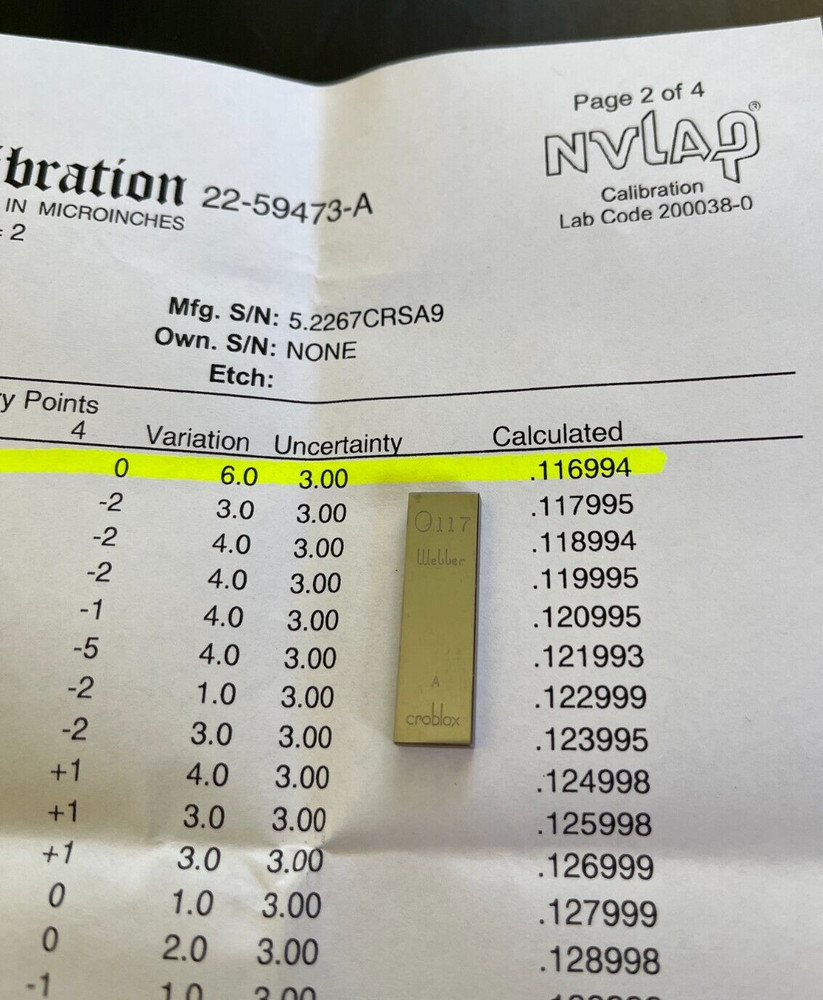 .117" Starrett-Webber Gage Block with certification