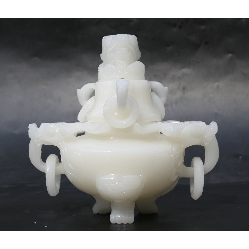 6.5" Chinese White Jade Carved Dragon Head Beast Tripodia Incense Burner Censer