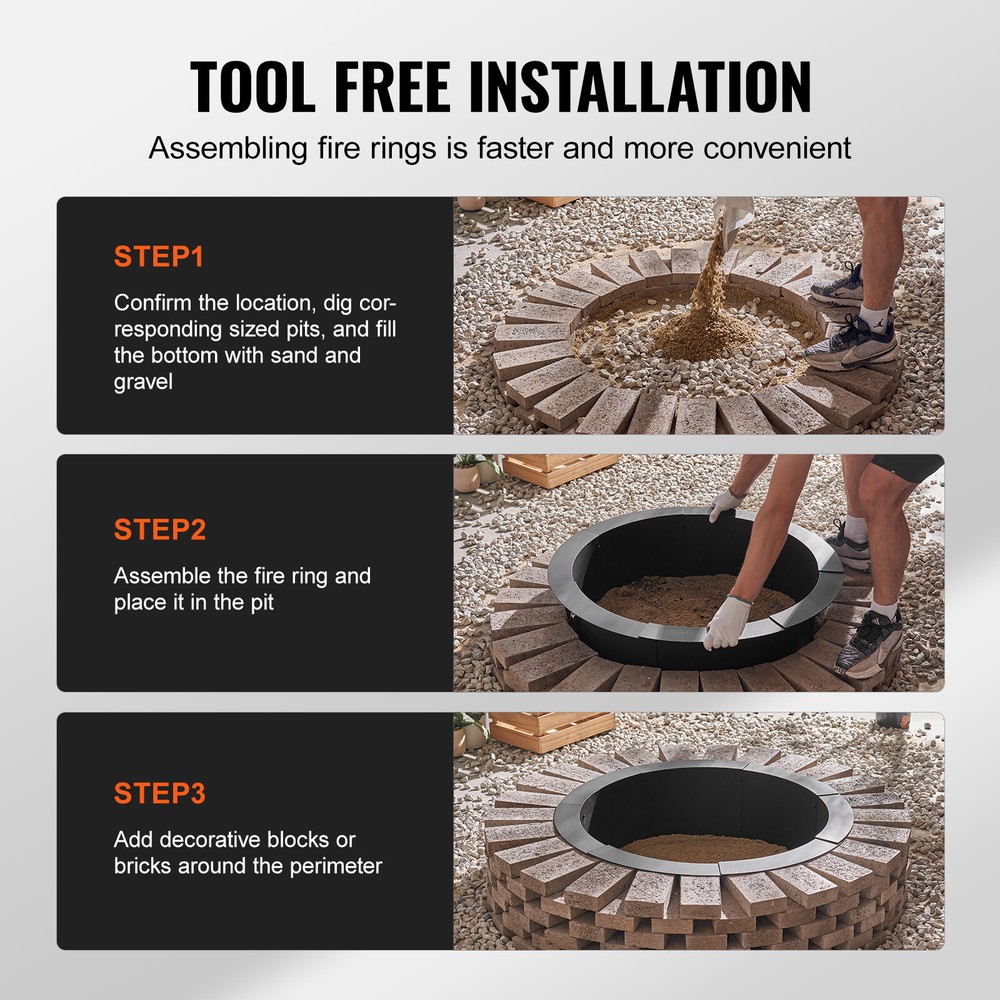 VEVOR Fire Pit Ring Round 45 Inch Outer Steel Liner DIY Campfire Ring Firepit