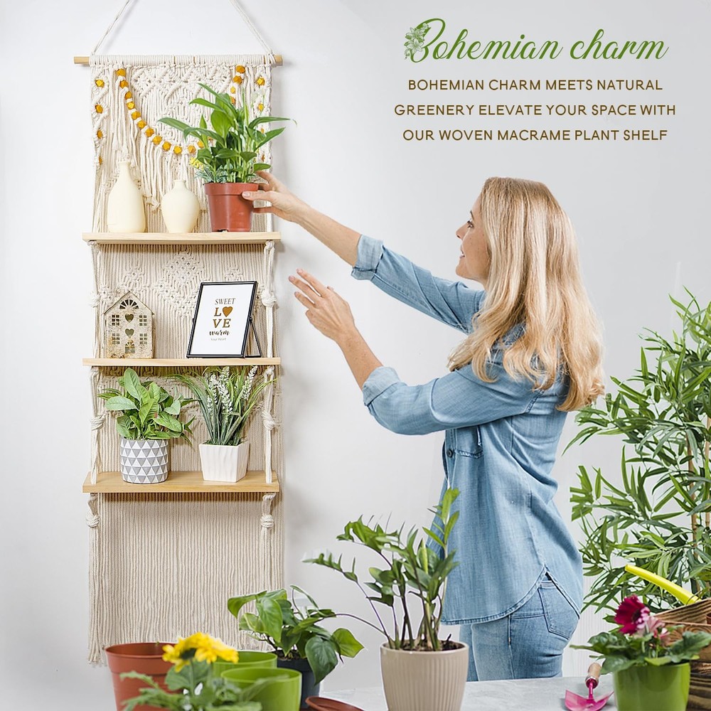 Macrame Wall Hanging Shelf- Macrame Shelves Handmade Decorative Floating Boho...