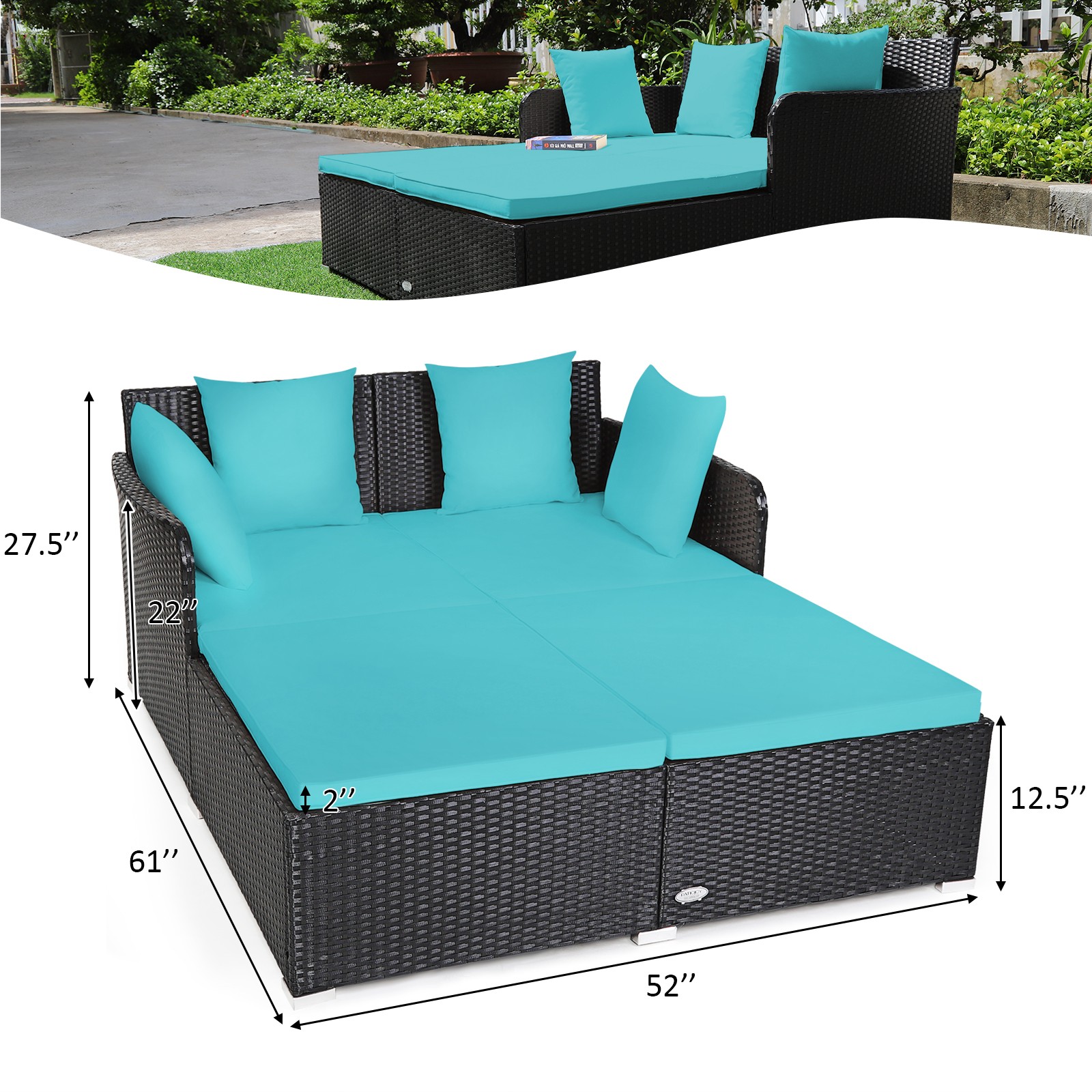 Patiojoy Outdoor Patio Rattan Daybed Pillows Cushioned Sofa Furniture Turquoise