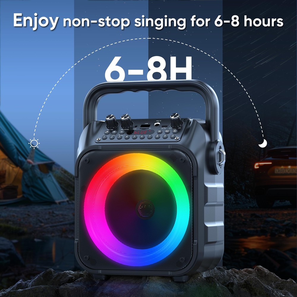 Portable Karaoke Machine - Bluetooth Speaker with Lights & Wireless Mics