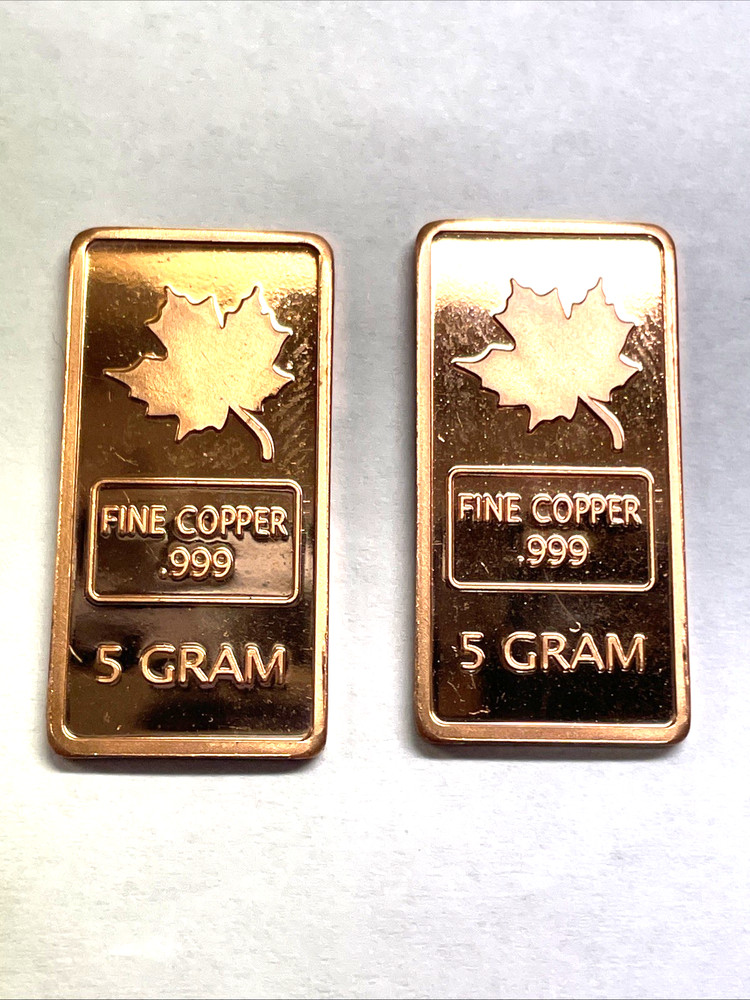 5 Gram Copper Maple Leaf Bars, 2-PACK, Copper Bars, 2 bars, REEDERSONG