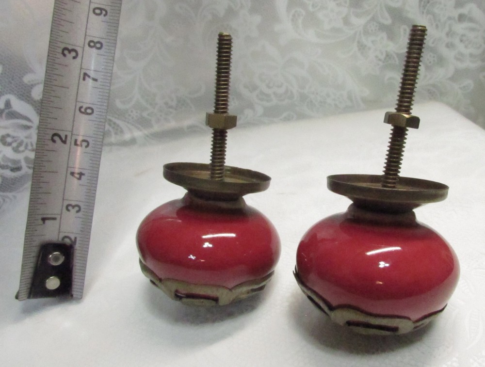 Set of 2 Large RED Round CERAMIC KNOBS with Brass Flower Decorative Drawer Pulls