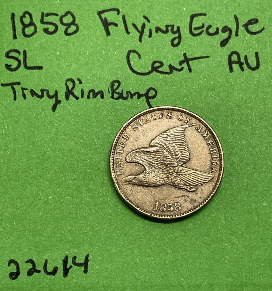 1858 Flying Eagle Cent 1c AU About Uncirculated Tiny Rim Bump Small Letter