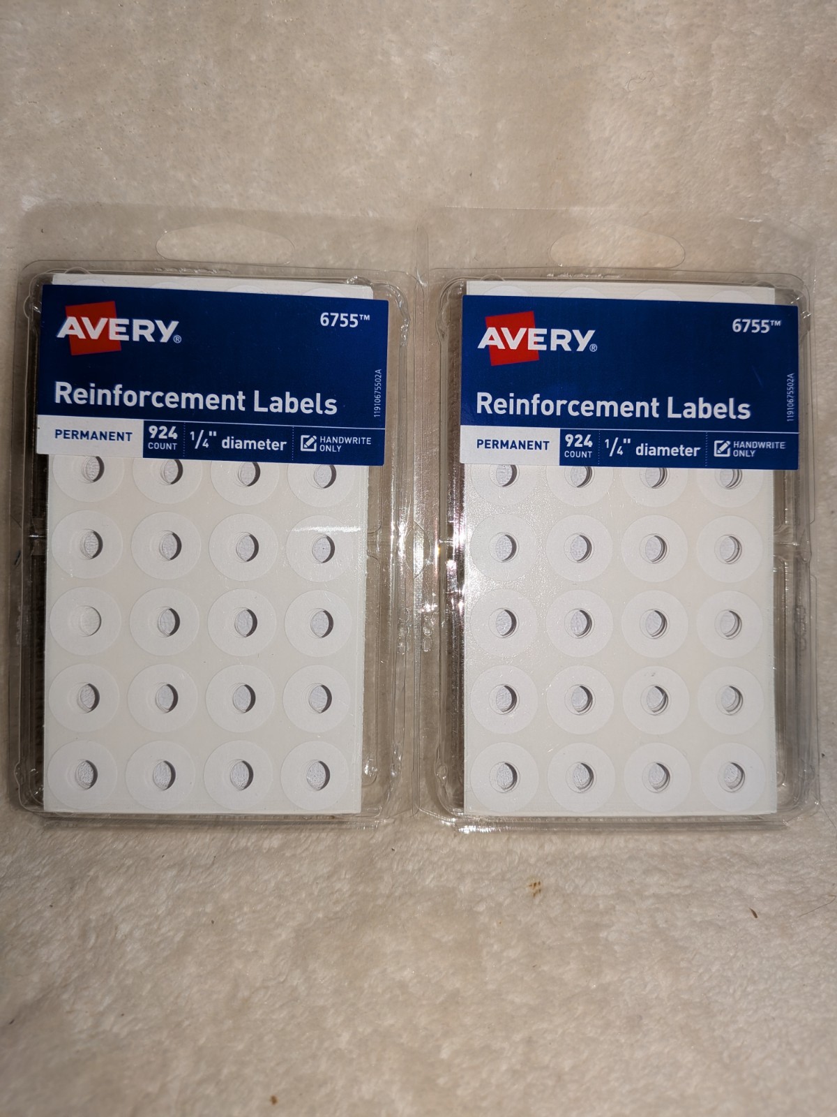 Avery Permanent Reinforcement Labels 1/4 Round Rings-White  924pk  6755 2Pack