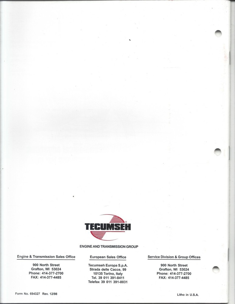 1999 Tecumseh Technicians Update Seminar Form 694327