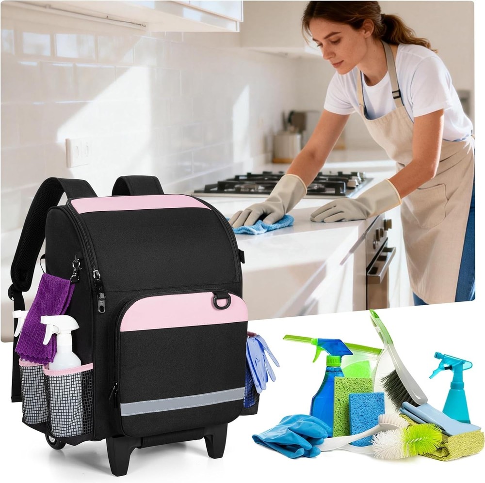 Pink Rolling Cleaning Backpack with Detachable Trolley - Efficient Organization