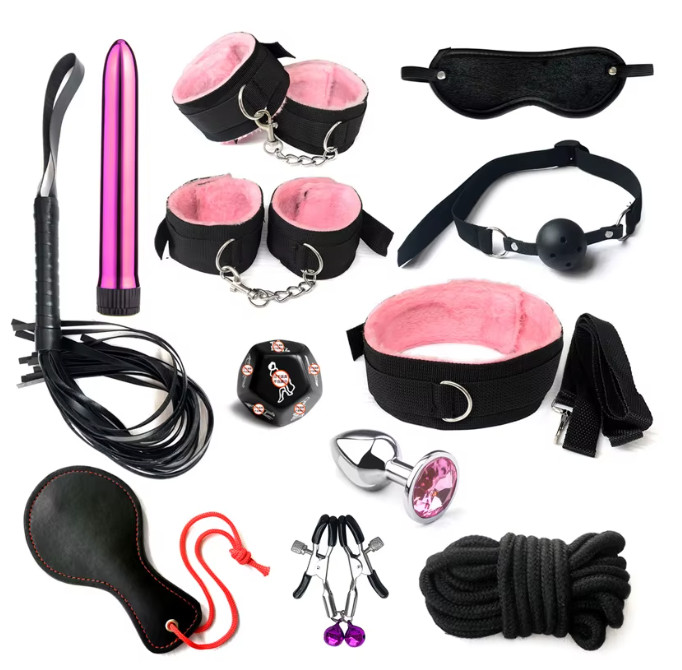 12PCS Bondage Restraint Set PU Leather Plush Cuffs Adjustable Kit Couples
