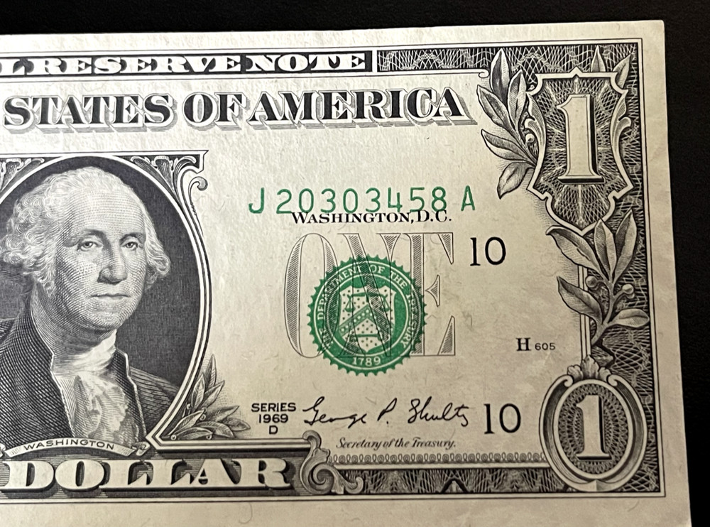 1969 D $1 Bill One sided Serial Number Misalignment Error AU