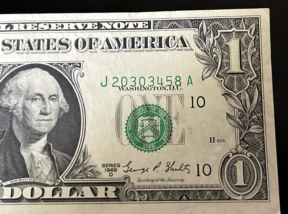 1969 D $1 Bill One sided Serial Number Misalignment Error AU