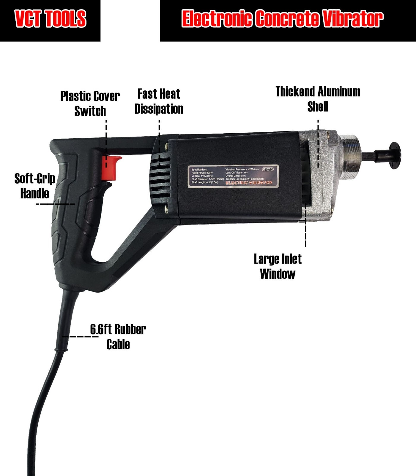 VCT Portable Concrete Vibrator 800W Electric Hand Held Vibrator Concrete