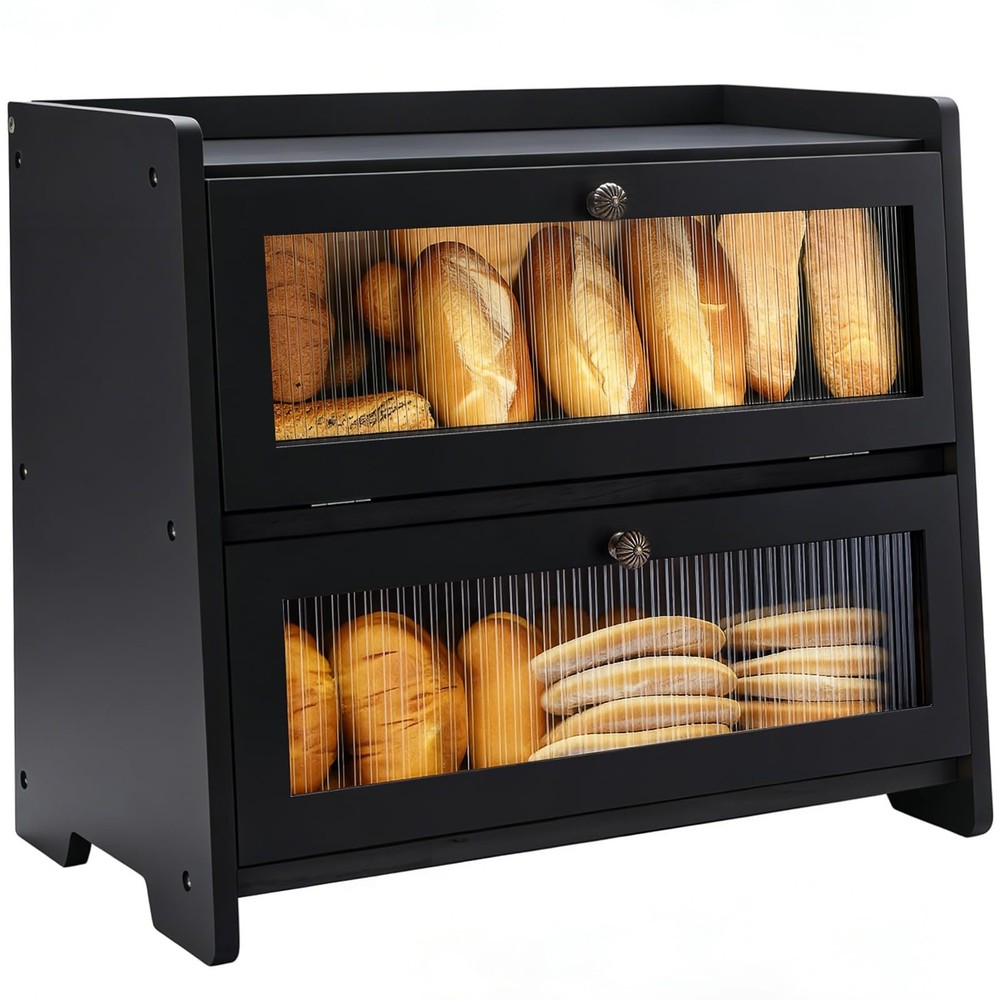 VEDALIO Bread Box For Kitchen Countertop, Black Breadbox, Bread Boxes for Kitche