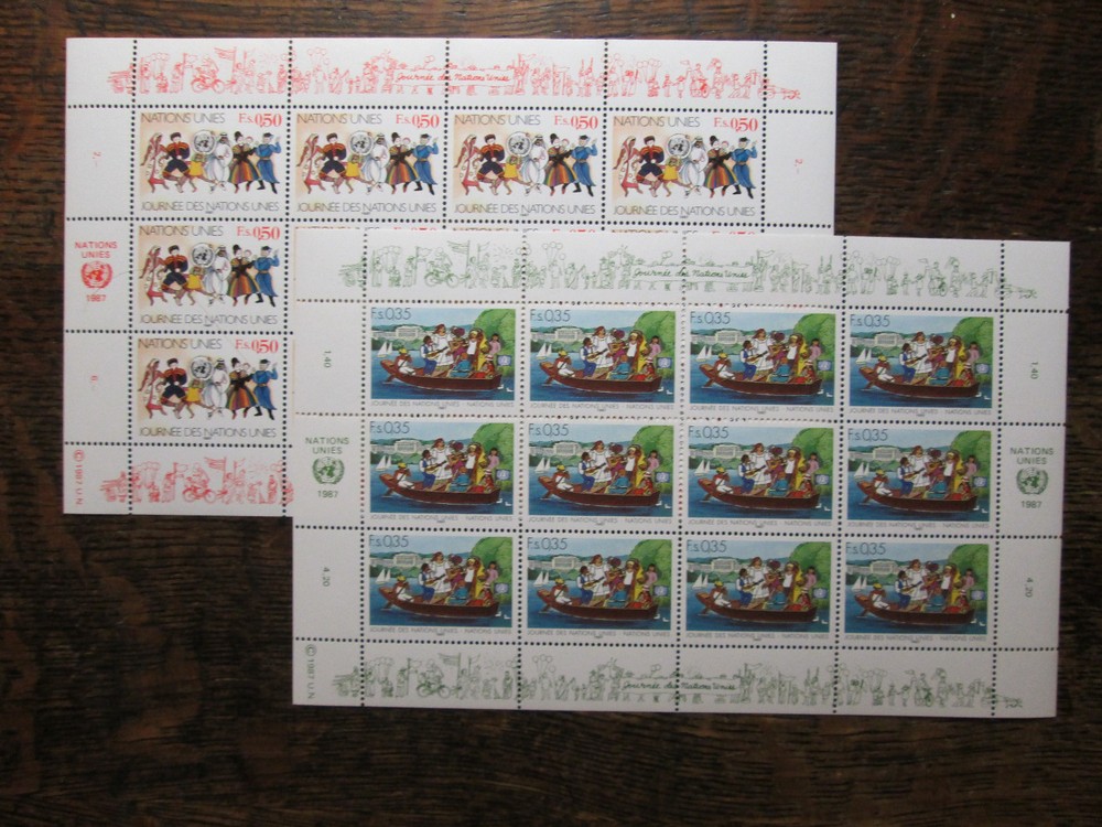 1987 TWO UN Mint NH Sheets = Geneva = Scott# 158-59 = UN Day = SCV$ 15.00