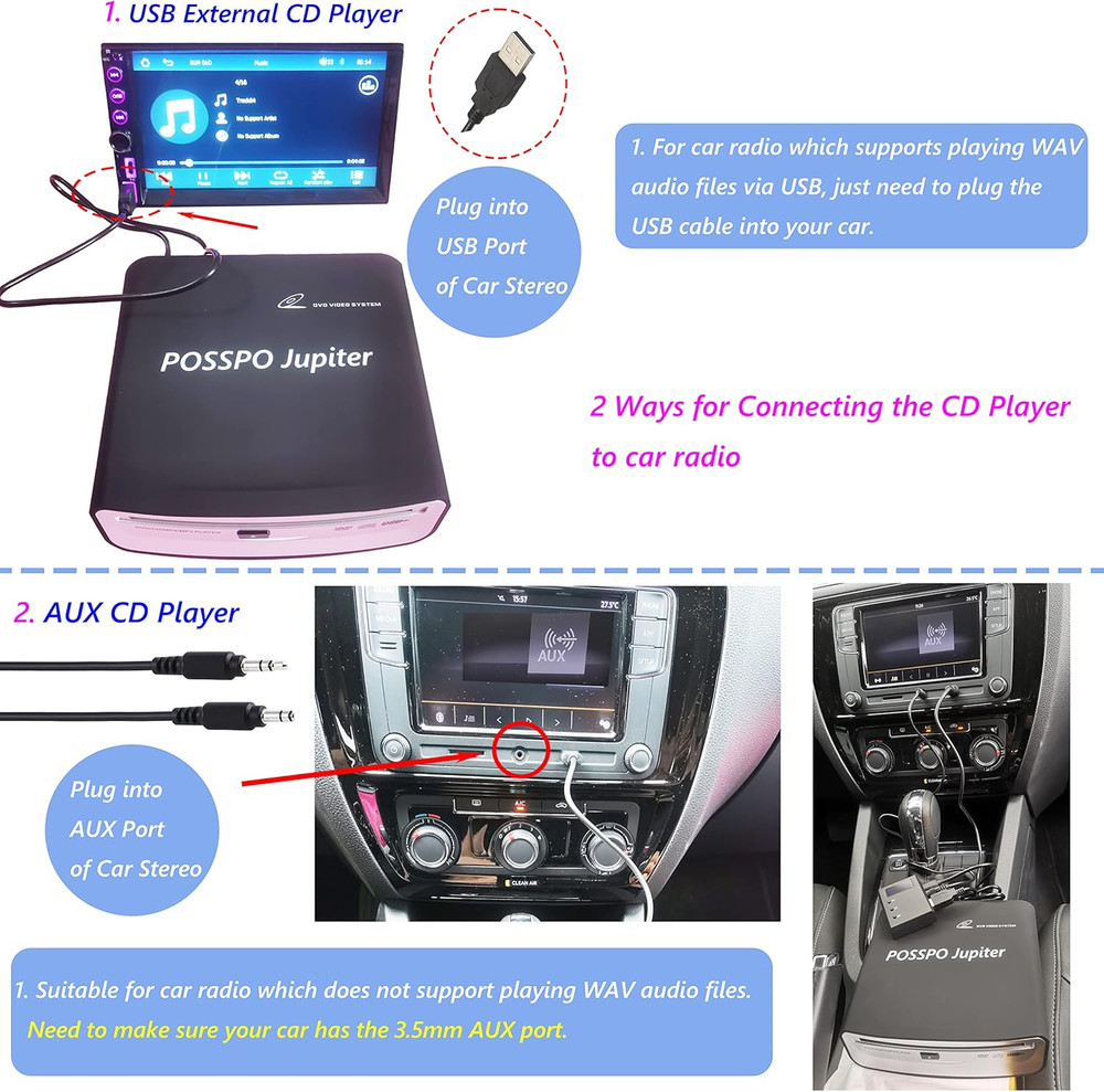 Jupiter USB CD Player for Car Auto, Portable External CD DVD Player, USB Plug &