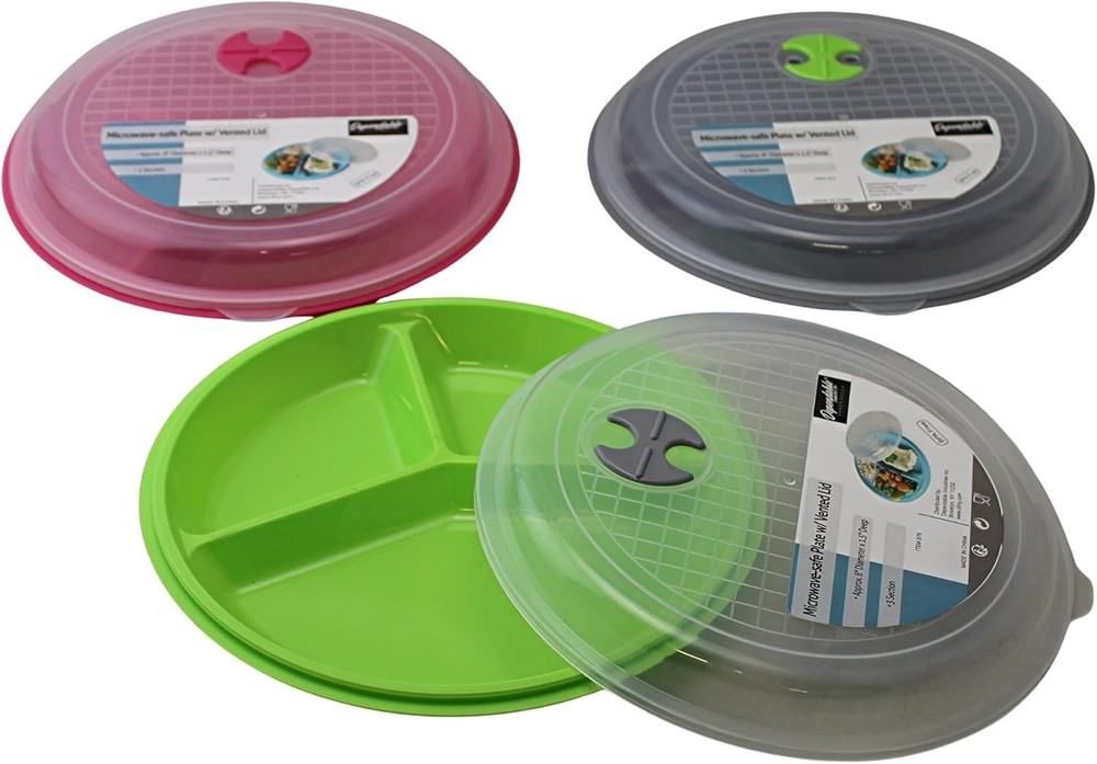 4-Pack Divided Microwave Plates with Vented Lids – BPA-Free, Stackable Meal Pr