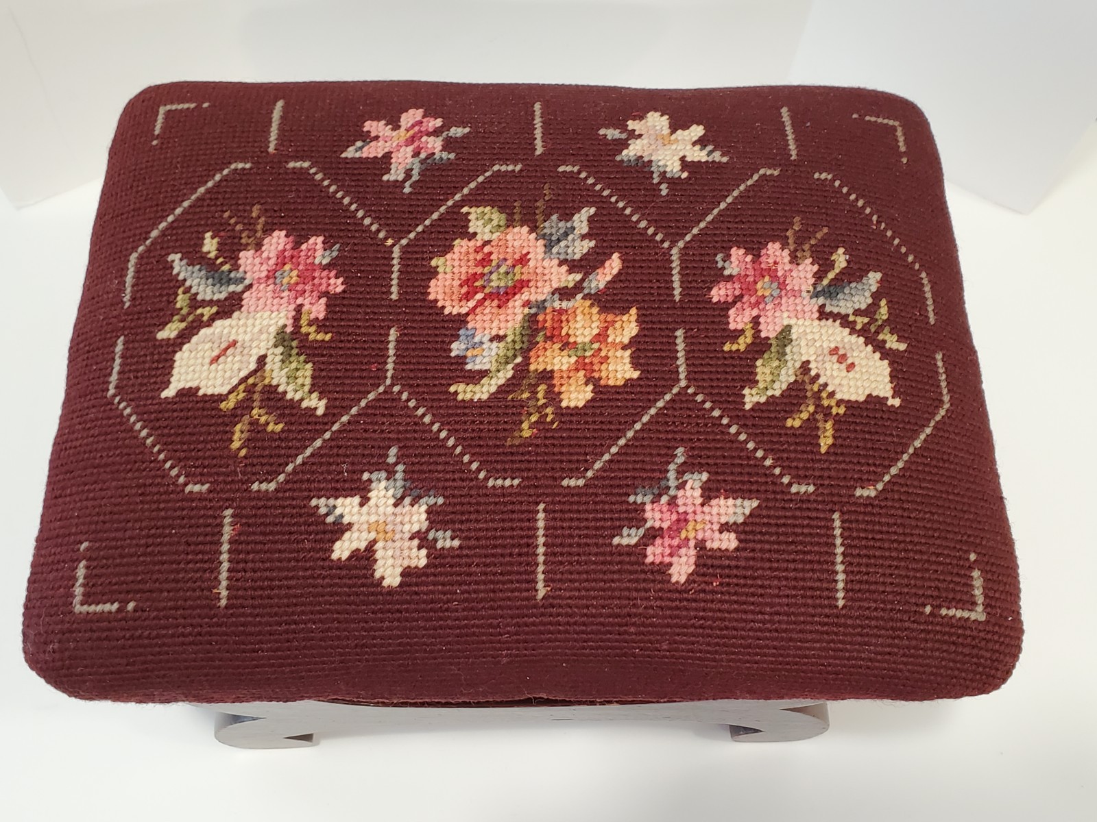 Vintage Needlepoint Foot Stool Ottoman Floral Burgundy Mahogany base