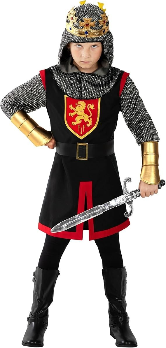 Kids Medieval Knight Costume  + Crown Boys Warrior Lord Chainmail King 4-14 yrs