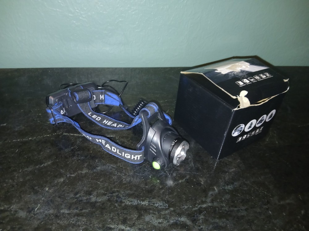 LED Headlamp, Adjustable Headband, Battery Powered, Black Blue, Plastic