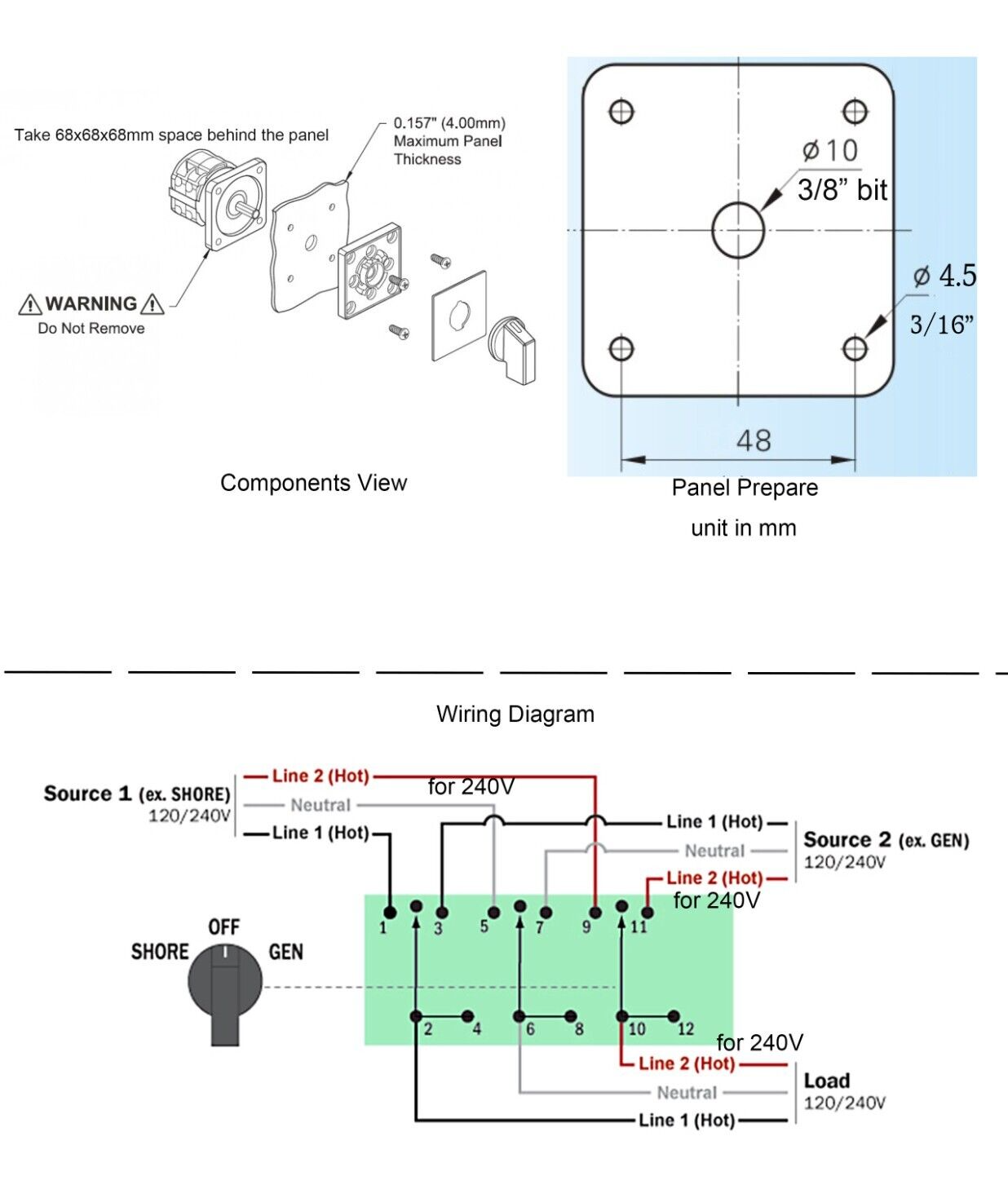125 Amp Transfer Switch,Shore-Off-Gen Rotary Switch for RV,Motorhome,Truck,Boat