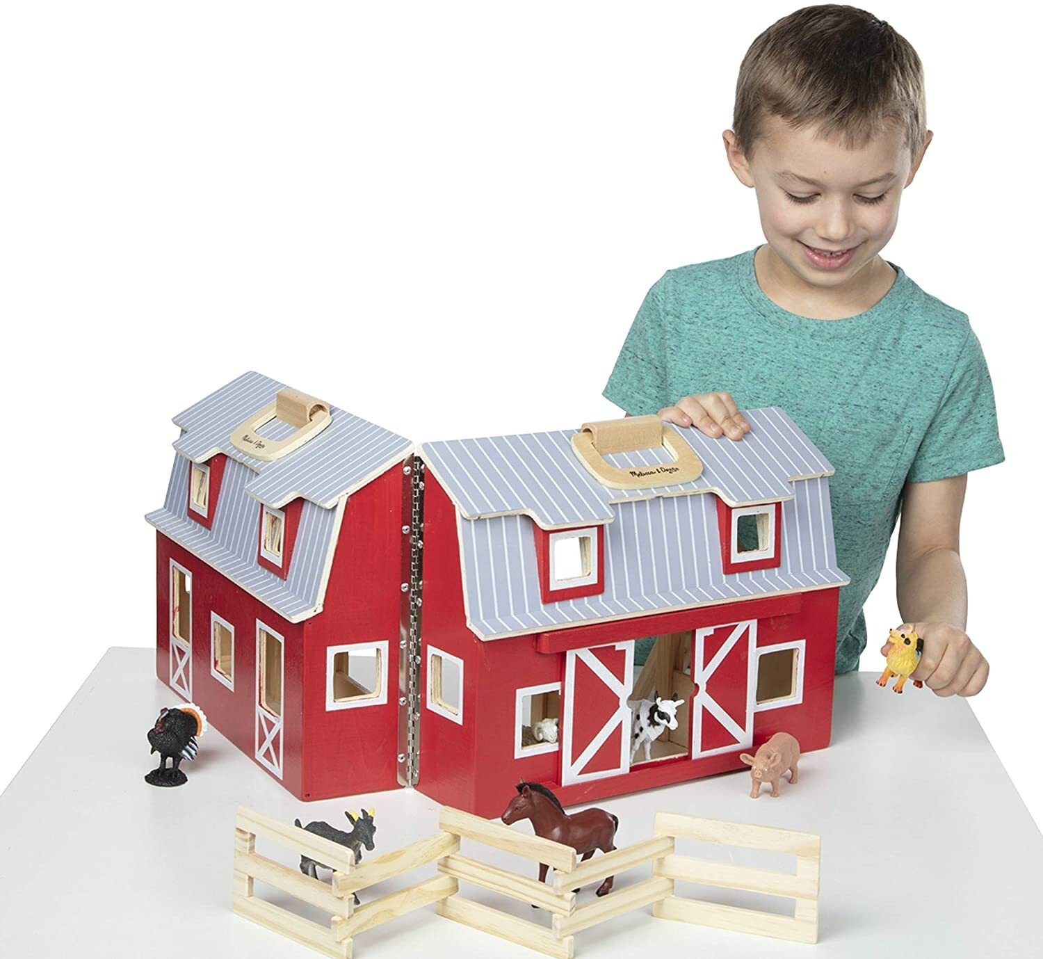 Melissa & Doug Portable & Foldable Red Barn Toy With Farm Animals Coral & Ladder