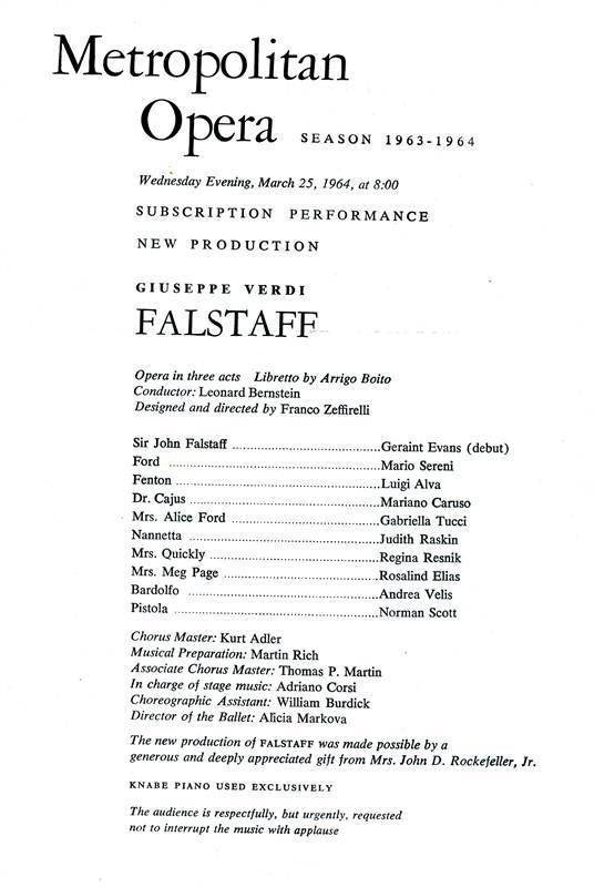 Metropolitan Opera FALSTAFF Geraint Evans debut Regina Resnik Judith Raskin