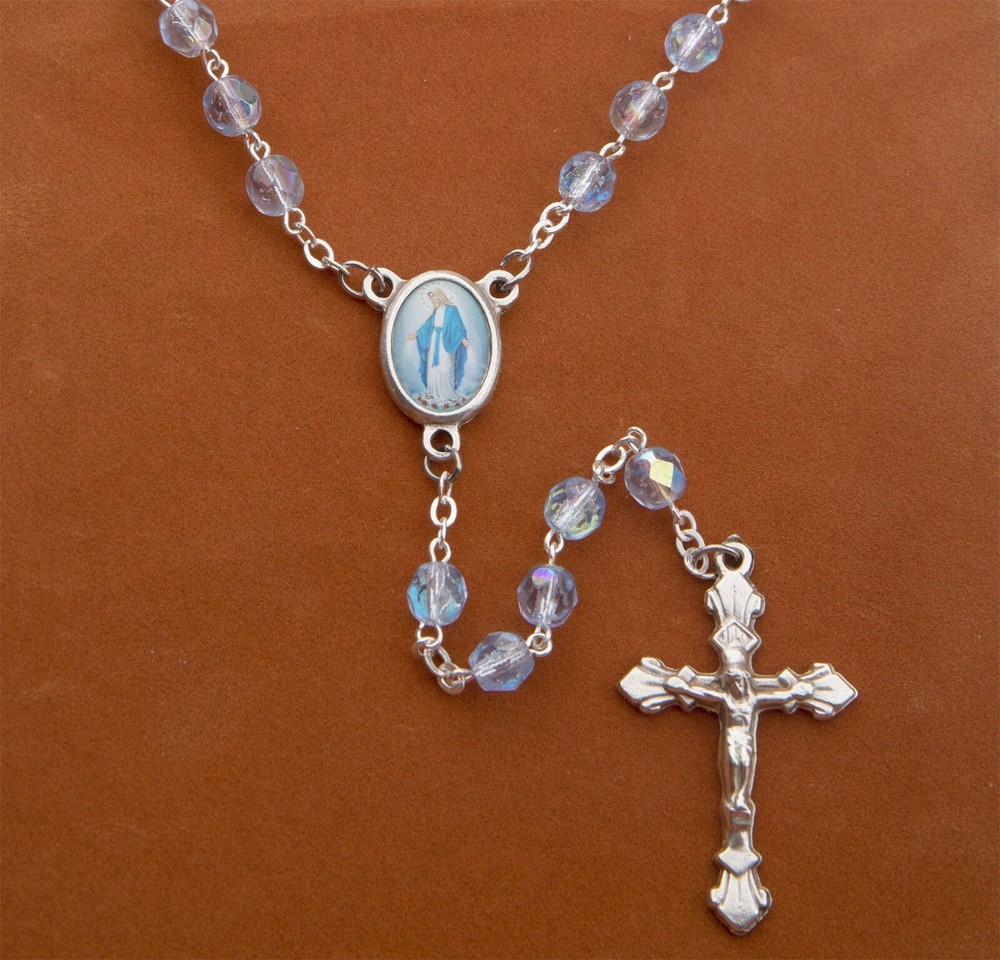 Women's Miraculous Medal Catholic Rosary Beads Blue Glass Beads Divine Mercy