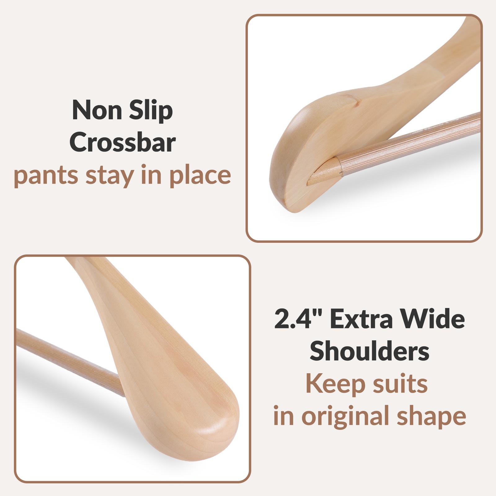 2.4" Wide Shoulder Suit Hangers 12-60 Pack Natural Wooden Hanger Glossy Finish