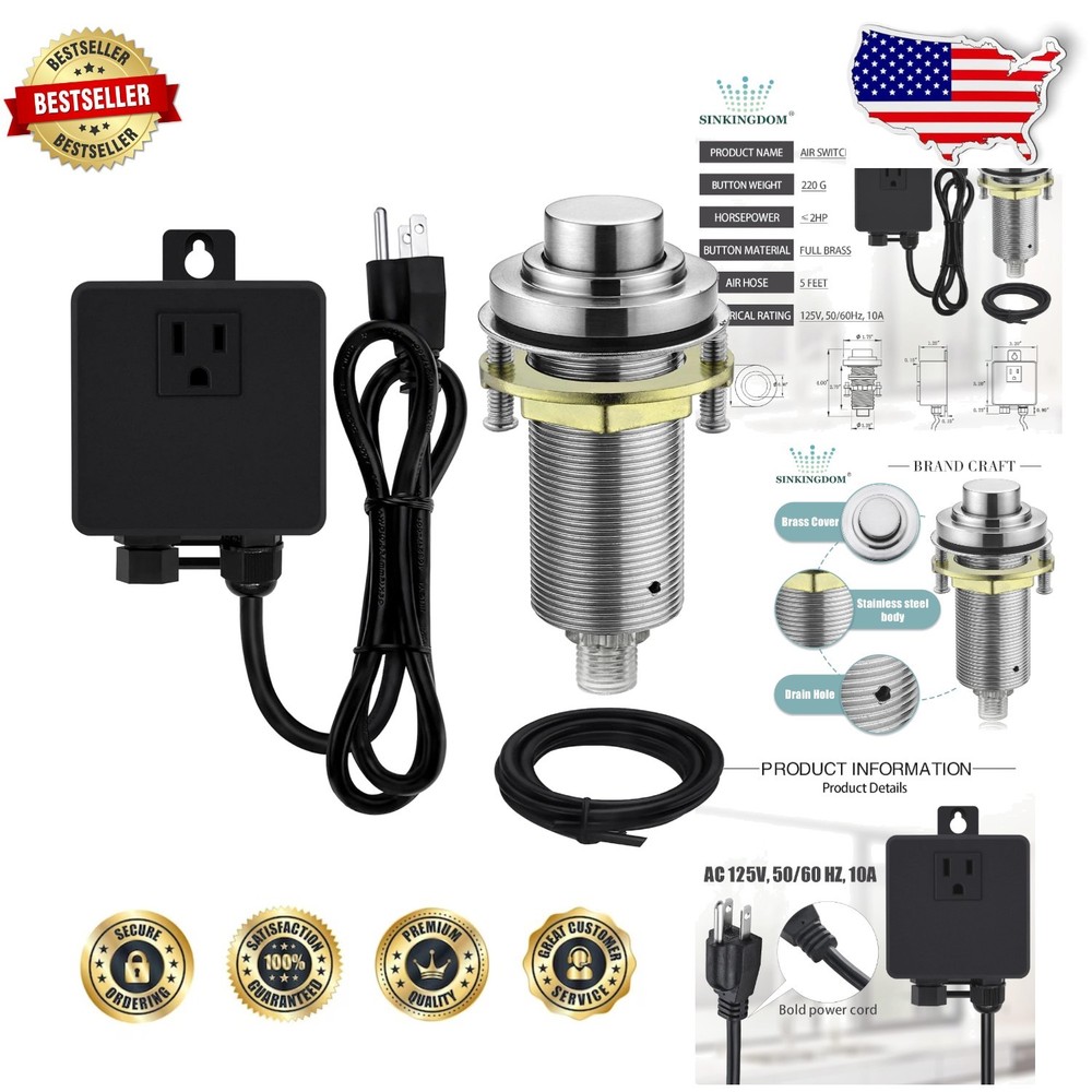 Brushed Nickel Air Switch Kit: Full Brass, Long Button, Garbage Disposal,  Cert
